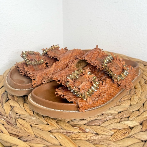 Anthro Coral Blue Raffia Jeweled Leather Sandals Brown Woven Slide Sandal Accent - Picture 1 of 7